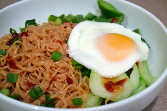Ramen with bok choy and poached eggs